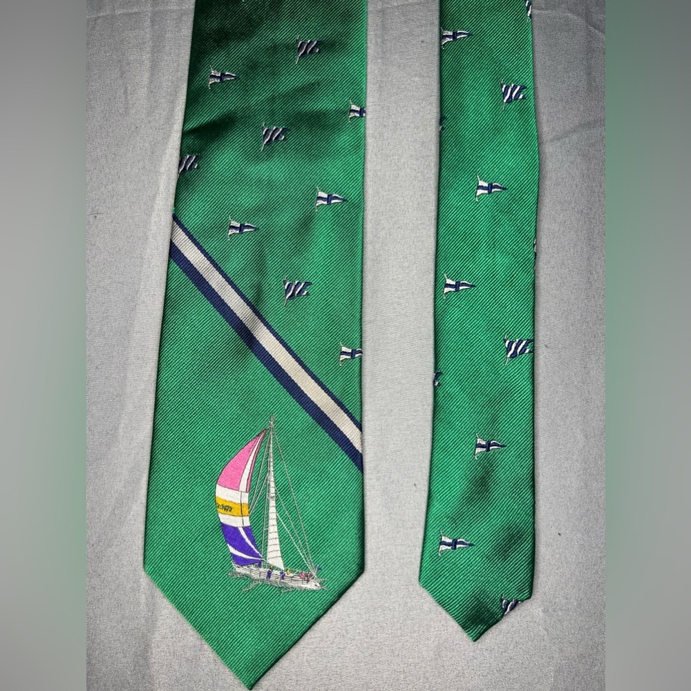 Men’s Polo Ralph Lauren Green Blue Sailing Boat Italy Designer Regular Silk Tie - Picture 3 of 5